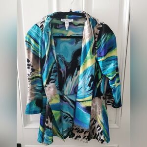Lana Lee Open Abstract  Peacock Watercolor Print Open Cardigan. Size Small